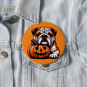 Badge Rond 10 Cm Halloween Bulldog anglais - Jack-o'-lantern Automn
