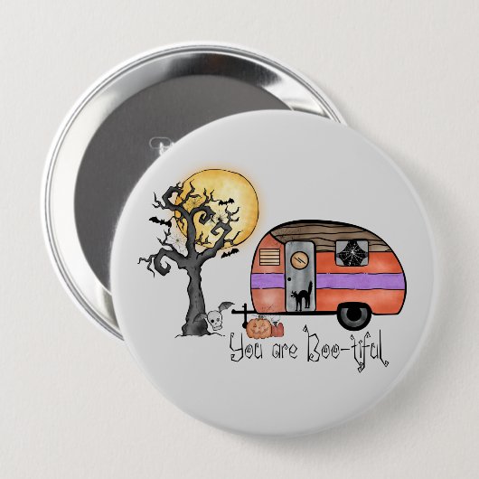 Badge Rond 10 Cm Halloween Camping | Vous êtes indigne (Devant & derrière)
