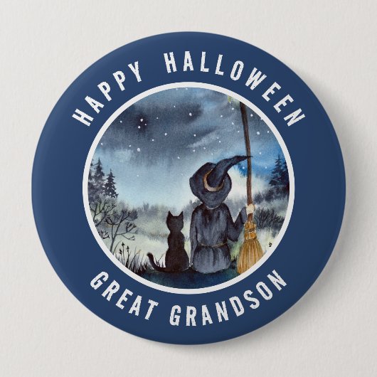 Badge Rond 10 Cm Halloween Chat noir et la Sorcière étoile nuit (Devant)