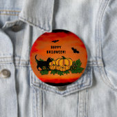 Badge Rond 10 Cm Halloween heureux, Chat noir, Chat et Citrouille (En situation)