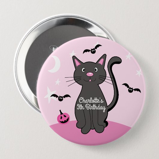 Badge Rond 10 Cm Halloween rose Chat noir Anniversaire fille (Devant & derrière)