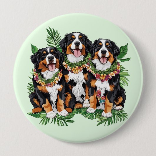 Badge Rond 10 Cm Hawaiian Bernese Mountain Dogs Flower Lei (Devant)