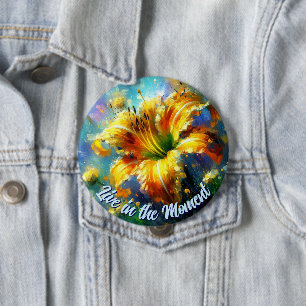 Badge Rond 10 Cm Hemerocallis Daylilies Fleur Jaune Sarcelle Person