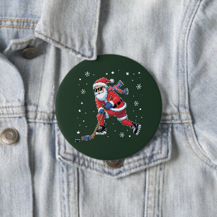 Badge Rond 10 Cm Hockey sur glace Noël Santa jouant équipe de sport