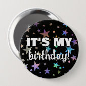 Badge Rond 10 Cm Holographique Rainbow Star Confetti C'est mon anni (Devant & derrière)