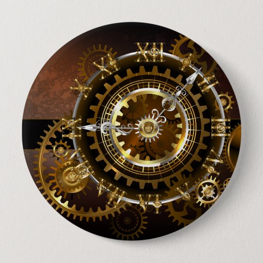 Badge Rond 10 Cm Horloge Steampunk avec des engrenages anciens (Devant)