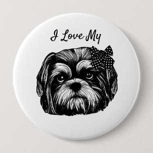 Badge Rond 10 Cm I Love My Shih Tzu dog with bow Original art Butto