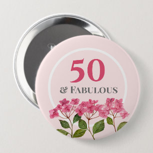 Badge Rond 10 Cm Illustration du 50e anniversaire Pink Hydrangea La