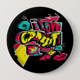 Badge Rond 10 Cm J'aime graffiti lèvres yeux seau couleur rouge jau
