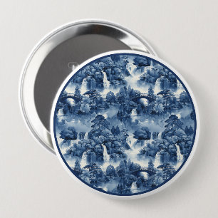 Badge Rond 10 Cm Jardin d'eau japonais en porcelaine blanche bleue
