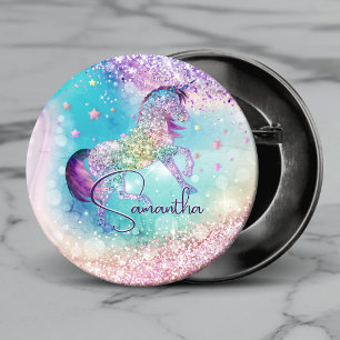 Badge Rond 10 Cm Joli licorne rose paillettes arc-en-ciel aigue-mar