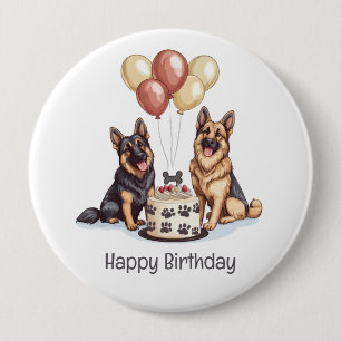 Badge Rond 10 Cm Joyeux Anniversaire Chiens berger allemands Gâteau