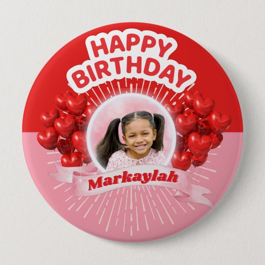 Badge Rond 10 Cm Joyeux Ballons d'anniversaire rose et rouge photo (Devant)