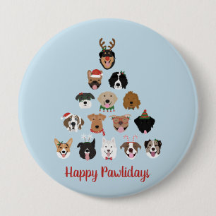 Badge Rond 10 Cm Joyeux Pawlidays Chien arbre de Noël