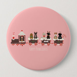 Badge Rond 10 Cm Joyeux Pawlidays Chien Noël Train de vacances