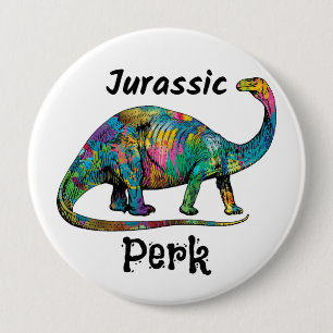 Badge Rond 10 Cm Jurassic Perk Dinosaure Coloré Blanc