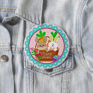 Badge Rond 10 Cm Lapin de Pâques heureux - Lapin mignon & Panier de