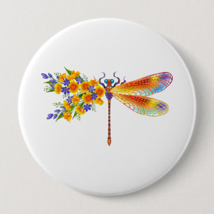 Badge Rond 10 Cm libellule de fleurs jaunes