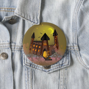 Badge Rond 10 Cm Maison de sorcière éffrayante Halloween et château