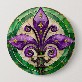 Badge Rond 10 Cm Mardi Gras Vitrail Fleur de lis