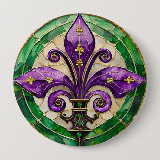Badge Rond 10 Cm Mardi Gras Vitrail Fleur de lis (Devant)