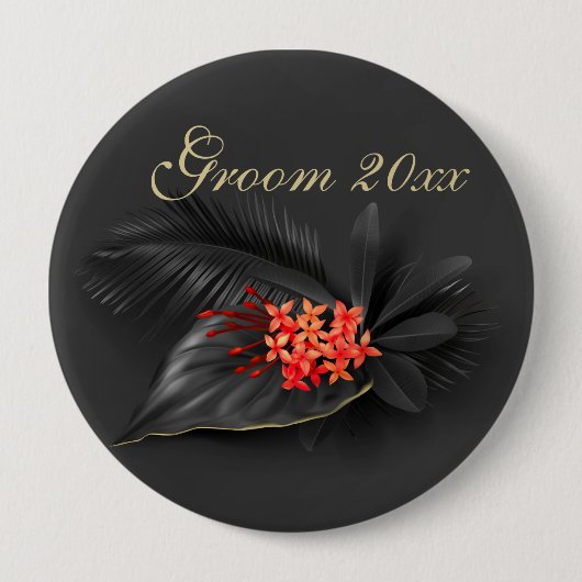 Badge Rond 10 Cm Mariage Feuille noir Jasmine rouge (Devant)