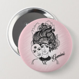Badge Rond 10 Cm Masque de dame Gemini rose Zodiaque Personnel