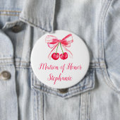 Badge Rond 10 Cm Matron d'honneur Pink Bow Coquette Mariage (En situation)