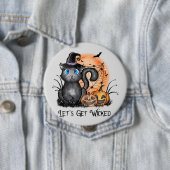 Badge Rond 10 Cm Mettons-nous les méchants ! | Chat à sorcière noir (En situation)