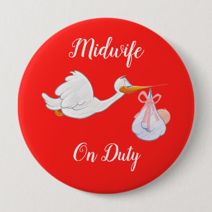 Badge Rond 10 Cm Mi-Femme En Devoir Oiseau Avec Bébé Rouge Et Blanc