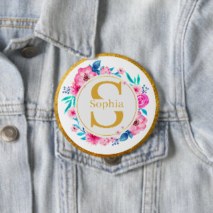 Badge Rond 10 Cm Monogramme Art I Initiale dorée et rose aquarellée