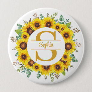 Badge Rond 10 Cm Monogramme floral élégant Tournesol avec nom