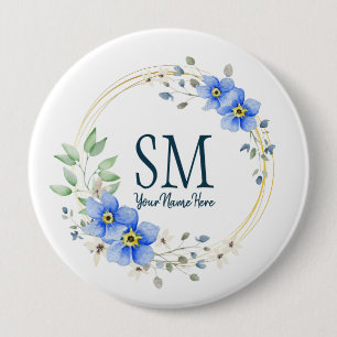 Badge Rond 10 Cm Monogramme floral personnalisé Fleurs bleues sauv