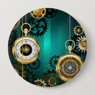 Badge Rond 10 Cm Montre de bijouterie Steampunk sur un fond vert