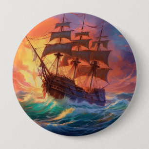 Badge Rond 10 Cm Navire À Voile Sur Une Mer Tempérée