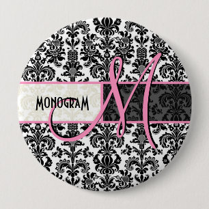 Badge Rond 10 Cm Noir et blanc Vintage Damas florales