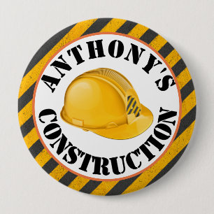 Badge Rond 10 Cm Noir & Jaune Construction Casquette dur 4e anniver