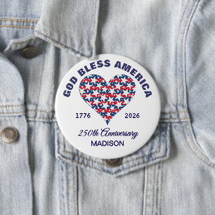 Badge Rond 10 Cm Nom, Grand Cœur 4 pouces God Bless America Étoiles