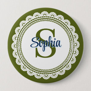 Badge Rond 10 Cm Nom Monogramme Élégant Vert Olive Broderie Anglais