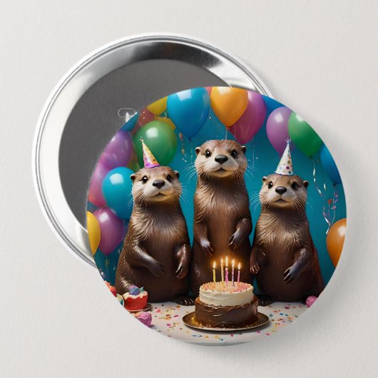 Badge Rond 10 Cm Otter Triplets Anniversaire, (Devant & derrière)