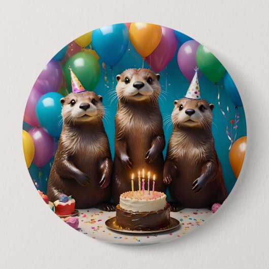 Badge Rond 10 Cm Otter Triplets Anniversaire, (Devant)