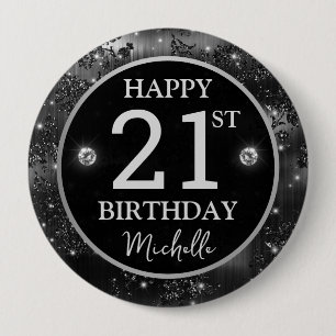Badge Rond 10 Cm Pailleté Fleurs Noires Élégantes Anniversaire Arge