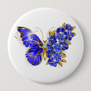 Badge Rond 10 Cm Papillon Saphir Fleur