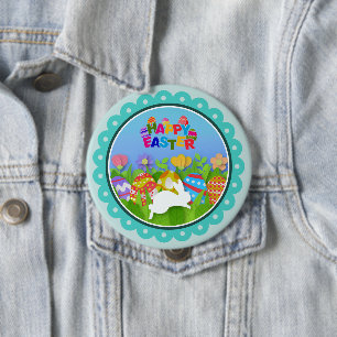 Badge Rond 10 Cm Pâques joyeux coloré – Lapin mignon et œufs