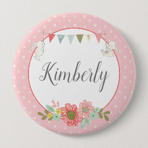 Badge Rond 10 Cm Pâques rose Nom du panier