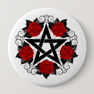 Badge Rond 10 Cm Pentagramme aux roses rouges