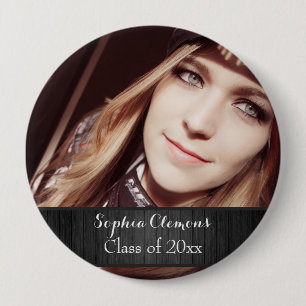 Badge Rond 10 Cm Personnalisé Rustic Black Wood Photo Grad Année