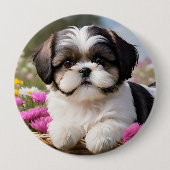 Badge Rond 10 Cm Petite Tzu Chiot Panier Fleurs (Devant)