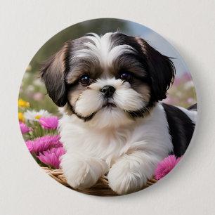 Badge Rond 10 Cm Petite Tzu Chiot Panier Fleurs