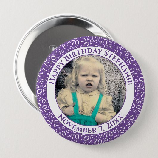 Badge Rond 10 Cm Photo 70th Random Number Motif| Violet/Blanc (Devant & derrière)